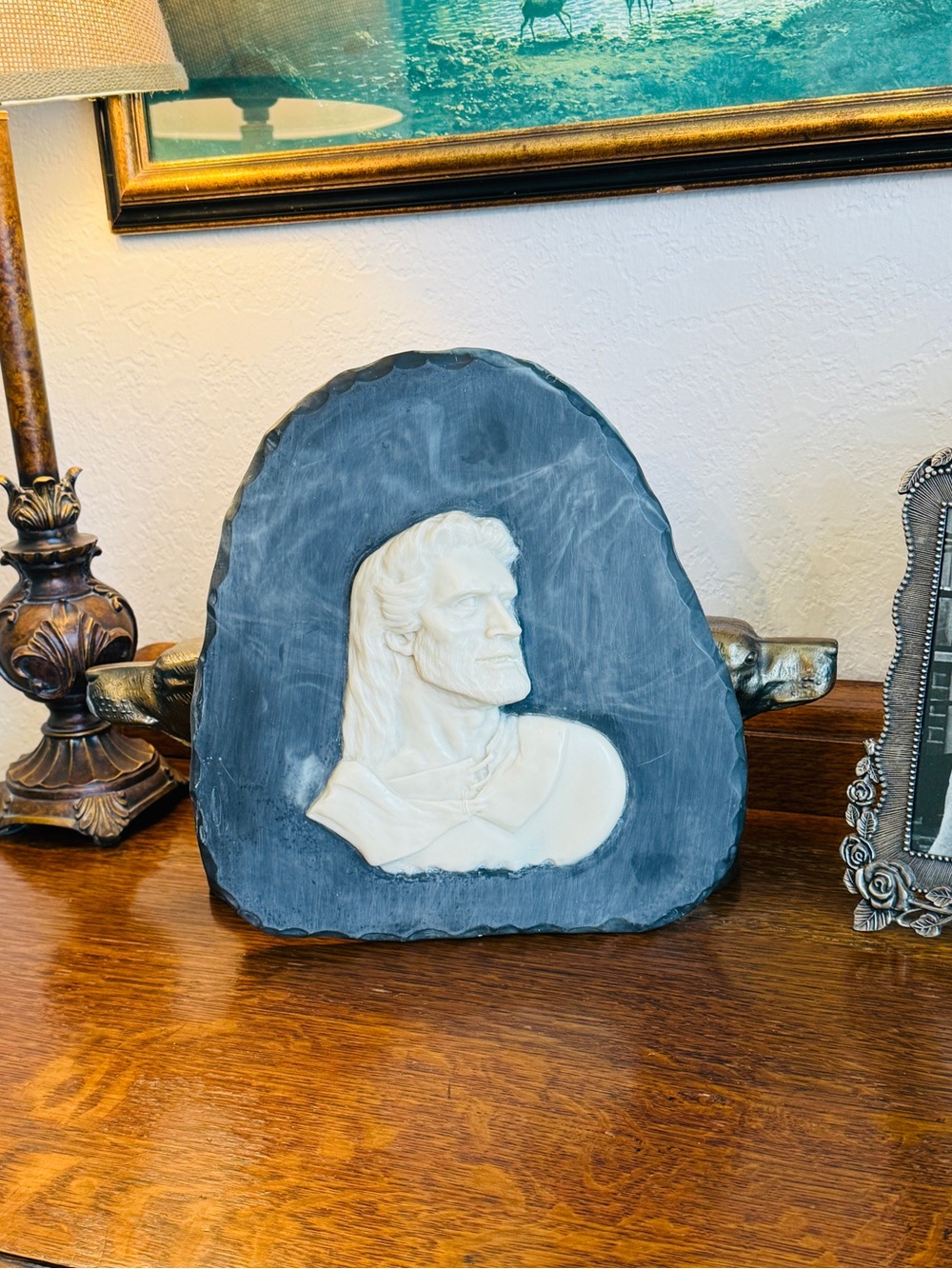 Vintage C. Ed Enterprises Incolay Stone Jesus Profile Wall Plaque Large 11" - Picture 3 of 12